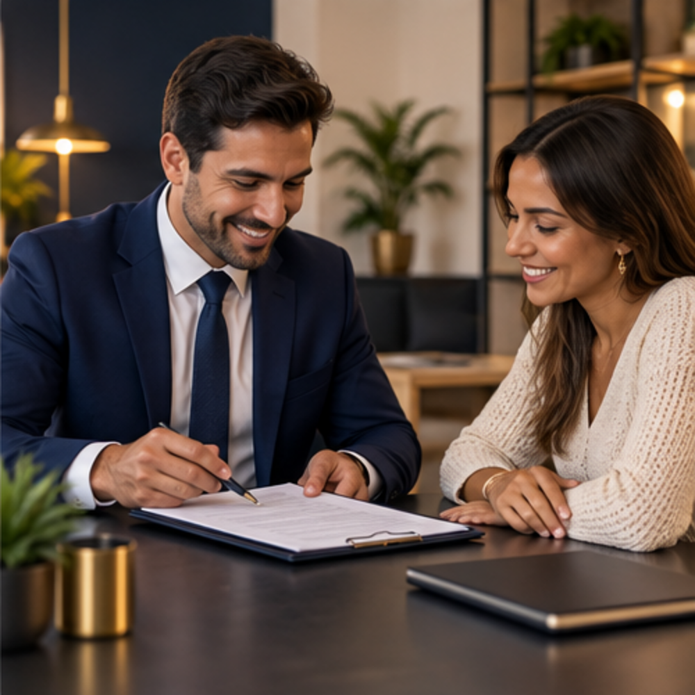 Cliente saindo de empresa junto ao veículo segurado